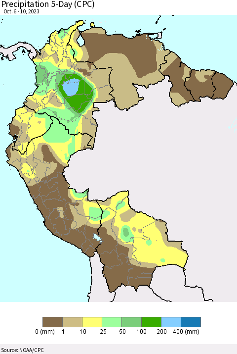 Northern South America Precipitation 5-Day (CPC) Thematic Map For 10/6/2023 - 10/10/2023