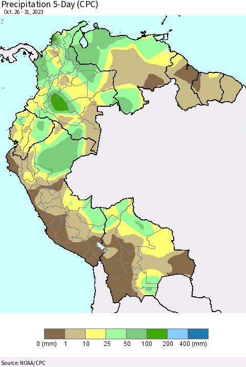 Northern South America Precipitation 5-Day (CPC) Thematic Map For 10/26/2023 - 10/31/2023