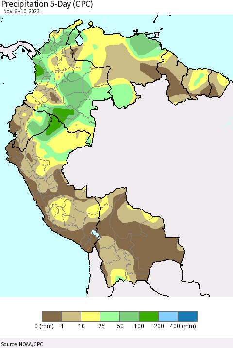 Northern South America Precipitation 5-Day (CPC) Thematic Map For 11/6/2023 - 11/10/2023