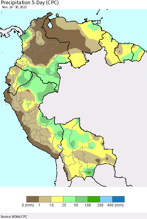 Northern South America Precipitation 5-Day (CPC) Thematic Map For 11/26/2023 - 11/30/2023