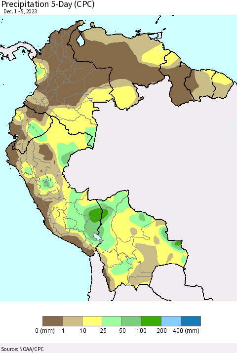 Northern South America Precipitation 5-Day (CPC) Thematic Map For 12/1/2023 - 12/5/2023