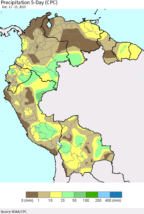 Northern South America Precipitation 5-Day (CPC) Thematic Map For 12/11/2023 - 12/15/2023
