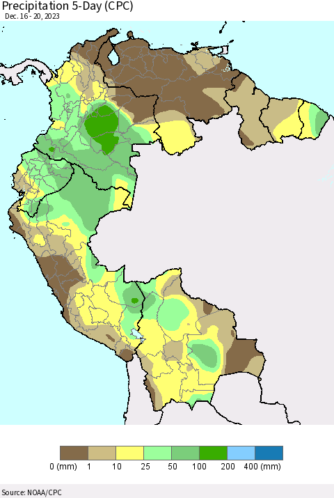 Northern South America Precipitation 5-Day (CPC) Thematic Map For 12/16/2023 - 12/20/2023