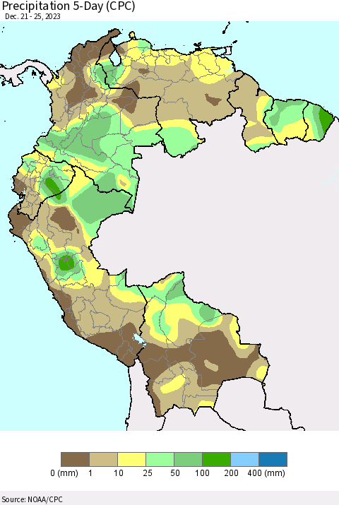 Northern South America Precipitation 5-Day (CPC) Thematic Map For 12/21/2023 - 12/25/2023
