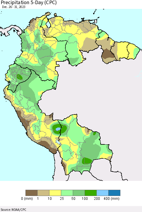 Northern South America Precipitation 5-Day (CPC) Thematic Map For 12/26/2023 - 12/31/2023