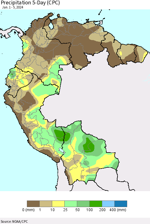 Northern South America Precipitation 5-Day (CPC) Thematic Map For 1/1/2024 - 1/5/2024