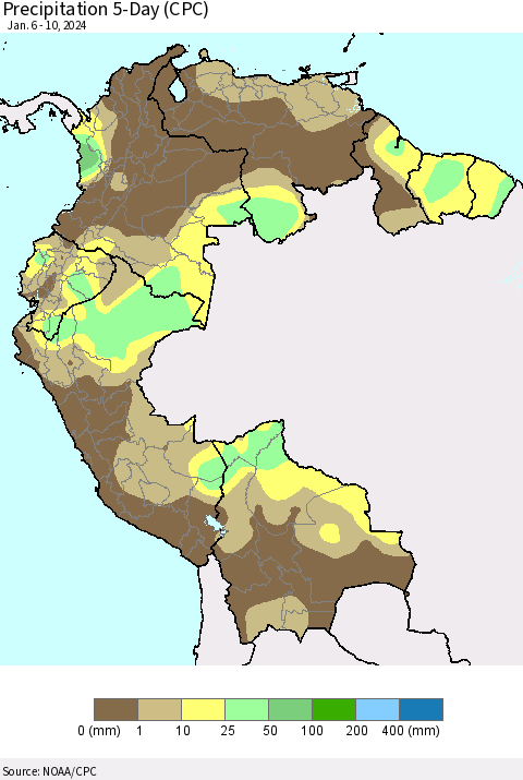 Northern South America Precipitation 5-Day (CPC) Thematic Map For 1/6/2024 - 1/10/2024