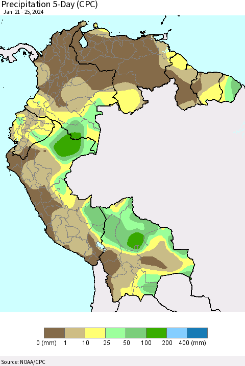 Northern South America Precipitation 5-Day (CPC) Thematic Map For 1/21/2024 - 1/25/2024