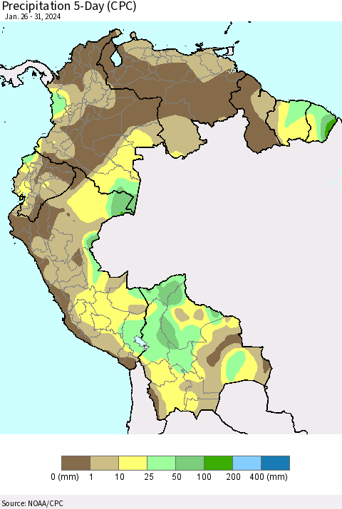 Northern South America Precipitation 5-Day (CPC) Thematic Map For 1/26/2024 - 1/31/2024