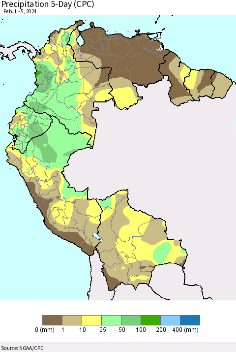 Northern South America Precipitation 5-Day (CPC) Thematic Map For 2/1/2024 - 2/5/2024