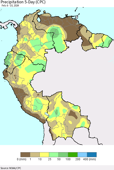Northern South America Precipitation 5-Day (CPC) Thematic Map For 2/6/2024 - 2/10/2024