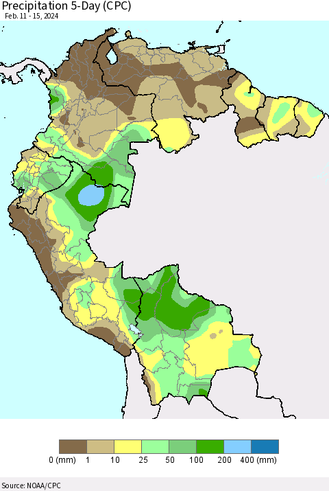 Northern South America Precipitation 5-Day (CPC) Thematic Map For 2/11/2024 - 2/15/2024
