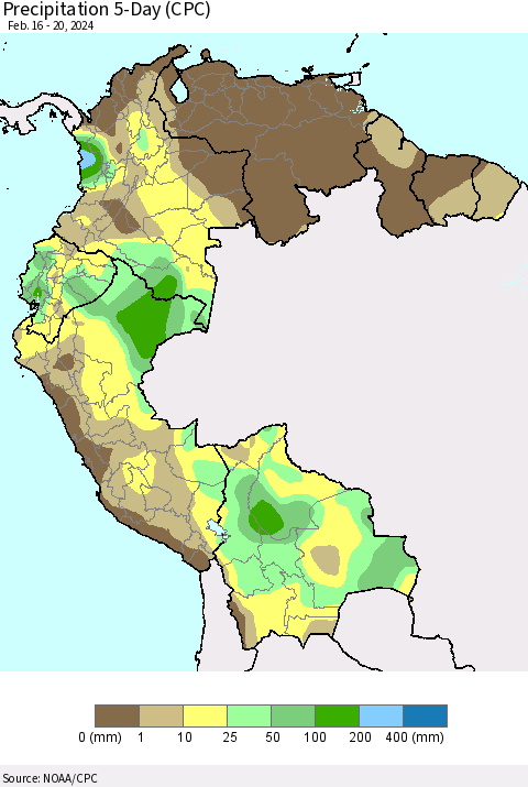 Northern South America Precipitation 5-Day (CPC) Thematic Map For 2/16/2024 - 2/20/2024