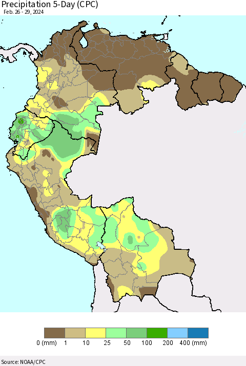Northern South America Precipitation 5-Day (CPC) Thematic Map For 2/26/2024 - 2/29/2024