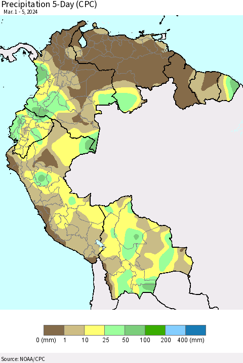 Northern South America Precipitation 5-Day (CPC) Thematic Map For 3/1/2024 - 3/5/2024