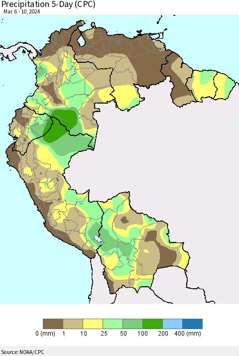 Northern South America Precipitation 5-Day (CPC) Thematic Map For 3/6/2024 - 3/10/2024