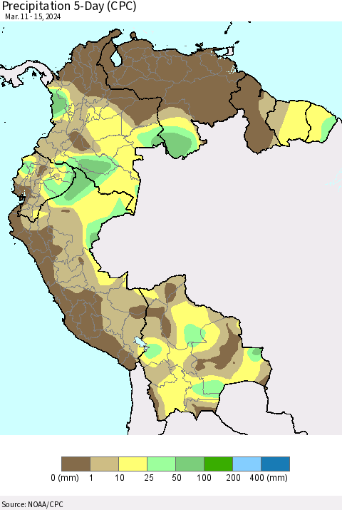 Northern South America Precipitation 5-Day (CPC) Thematic Map For 3/11/2024 - 3/15/2024