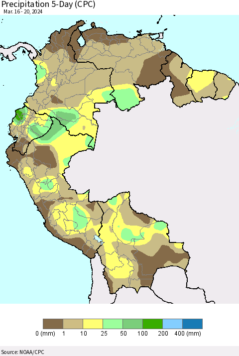 Northern South America Precipitation 5-Day (CPC) Thematic Map For 3/16/2024 - 3/20/2024