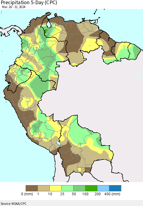 Northern South America Precipitation 5-Day (CPC) Thematic Map For 3/26/2024 - 3/31/2024