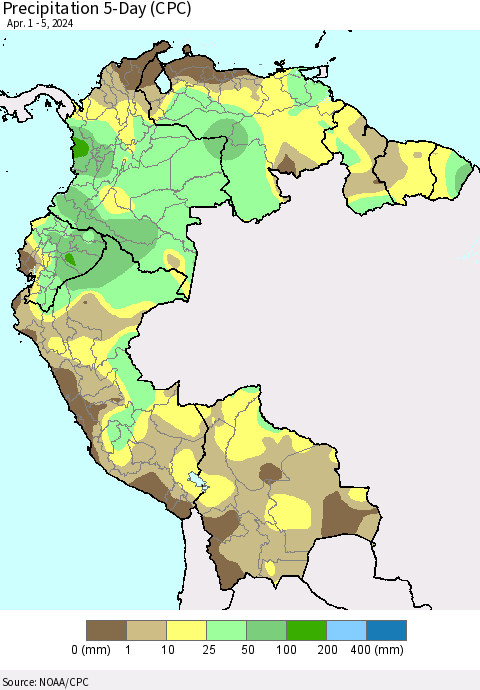 Northern South America Precipitation 5-Day (CPC) Thematic Map For 4/1/2024 - 4/5/2024