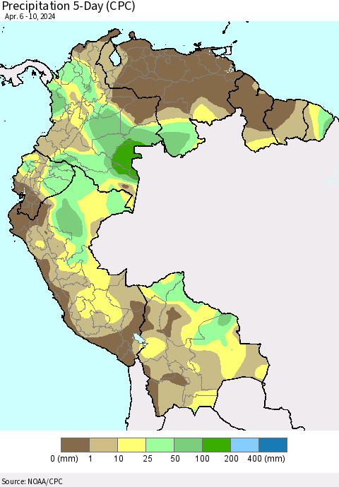 Northern South America Precipitation 5-Day (CPC) Thematic Map For 4/6/2024 - 4/10/2024