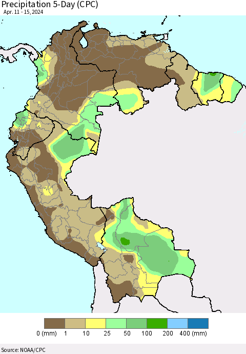 Northern South America Precipitation 5-Day (CPC) Thematic Map For 4/11/2024 - 4/15/2024
