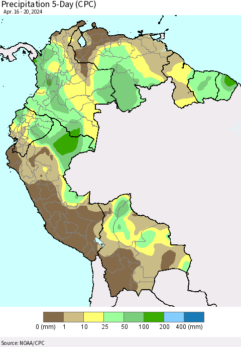 Northern South America Precipitation 5-Day (CPC) Thematic Map For 4/16/2024 - 4/20/2024