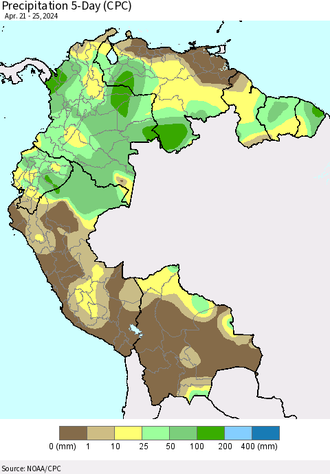 Northern South America Precipitation 5-Day (CPC) Thematic Map For 4/21/2024 - 4/25/2024