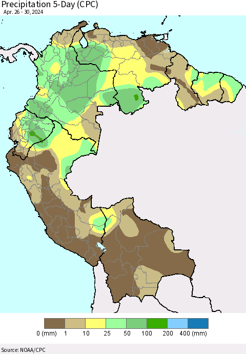 Northern South America Precipitation 5-Day (CPC) Thematic Map For 4/26/2024 - 4/30/2024