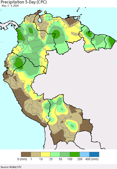 Northern South America Precipitation 5-Day (CPC) Thematic Map For 5/1/2024 - 5/5/2024