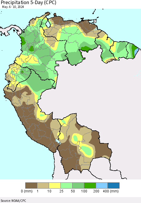 Northern South America Precipitation 5-Day (CPC) Thematic Map For 5/6/2024 - 5/10/2024