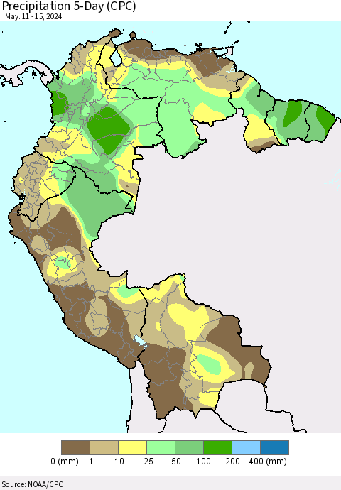 Northern South America Precipitation 5-Day (CPC) Thematic Map For 5/11/2024 - 5/15/2024