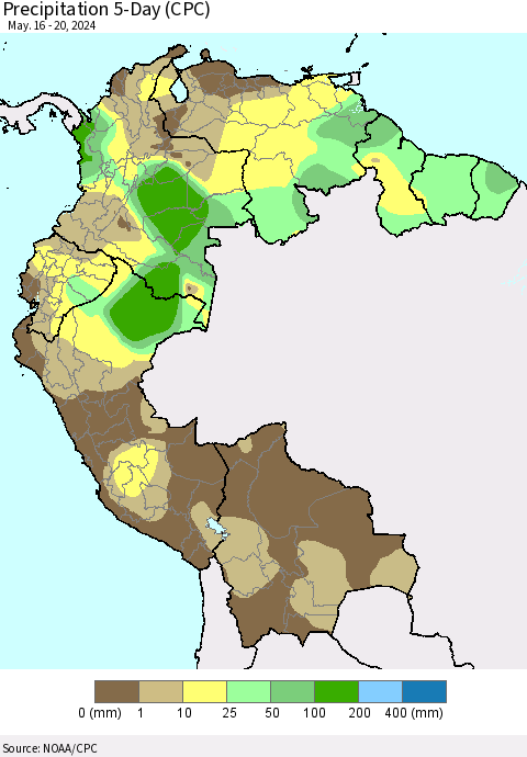 Northern South America Precipitation 5-Day (CPC) Thematic Map For 5/16/2024 - 5/20/2024
