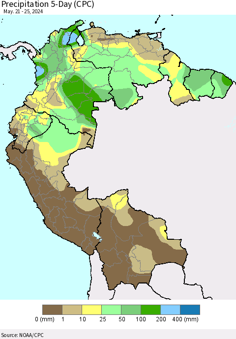 Northern South America Precipitation 5-Day (CPC) Thematic Map For 5/21/2024 - 5/25/2024