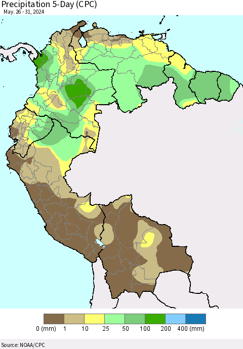 Northern South America Precipitation 5-Day (CPC) Thematic Map For 5/26/2024 - 5/31/2024
