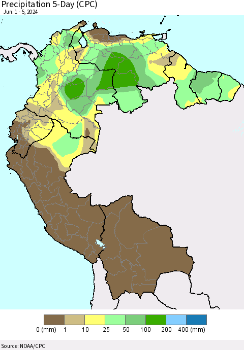 Northern South America Precipitation 5-Day (CPC) Thematic Map For 6/1/2024 - 6/5/2024