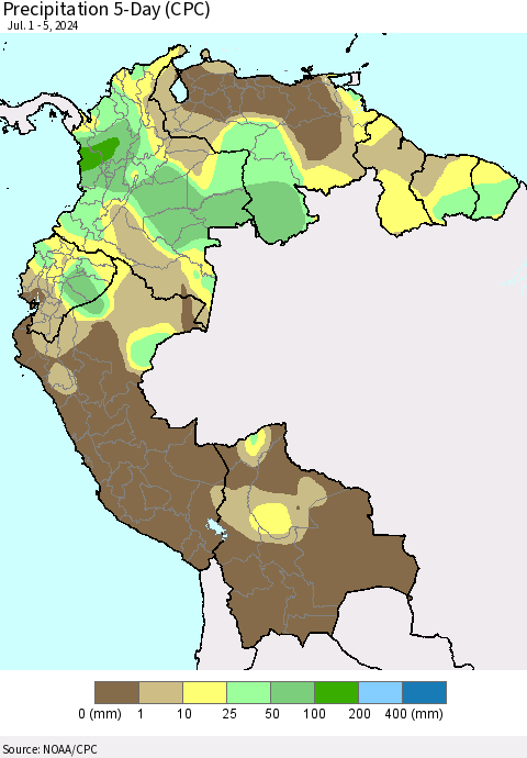 Northern South America Precipitation 5-Day (CPC) Thematic Map For 7/1/2024 - 7/5/2024