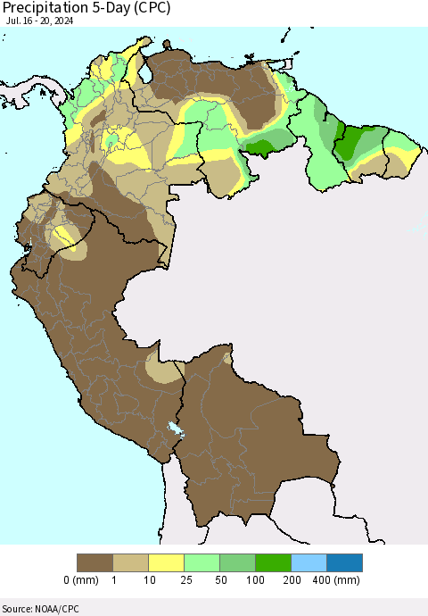 Northern South America Precipitation 5-Day (CPC) Thematic Map For 7/16/2024 - 7/20/2024