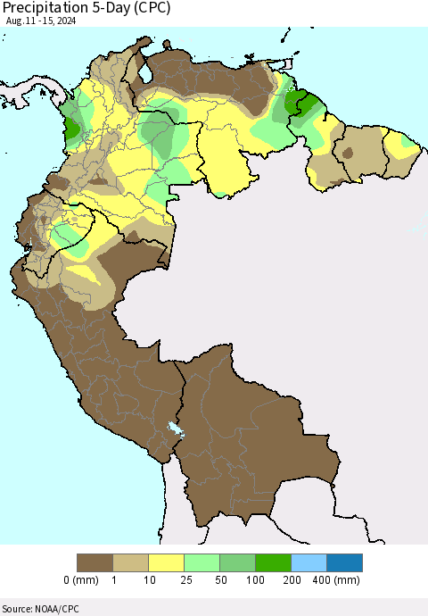 Northern South America Precipitation 5-Day (CPC) Thematic Map For 8/11/2024 - 8/15/2024