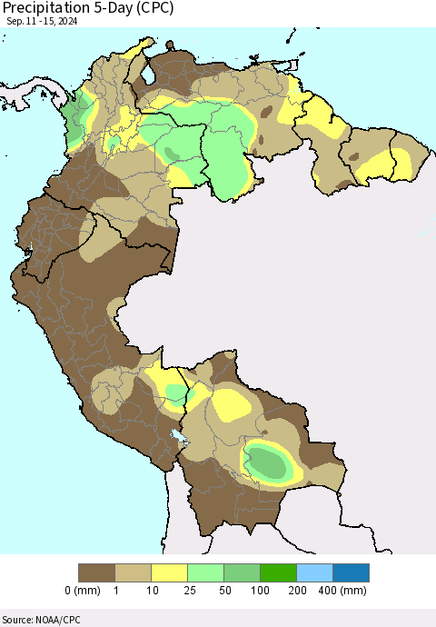 Northern South America Precipitation 5-Day (CPC) Thematic Map For 9/11/2024 - 9/15/2024