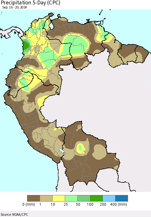 Northern South America Precipitation 5-Day (CPC) Thematic Map For 9/16/2024 - 9/20/2024