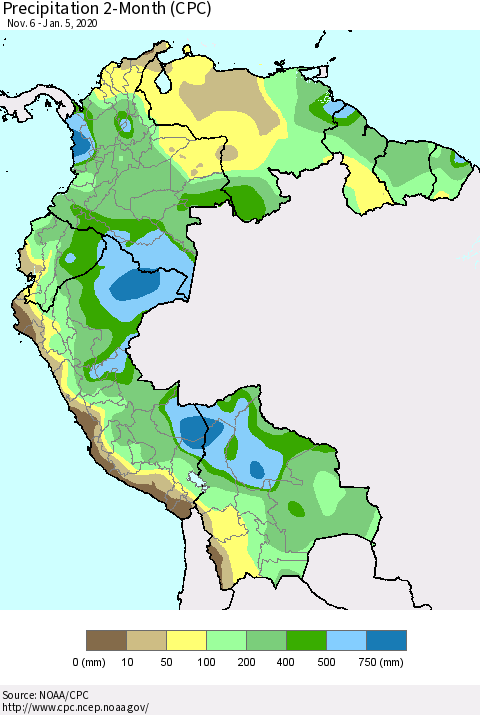 Northern South America Precipitation 2-Month (CPC) Thematic Map For 11/6/2019 - 1/5/2020