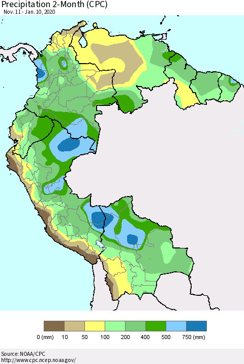 Northern South America Precipitation 2-Month (CPC) Thematic Map For 11/11/2019 - 1/10/2020