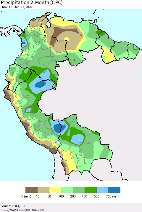 Northern South America Precipitation 2-Month (CPC) Thematic Map For 11/16/2019 - 1/15/2020