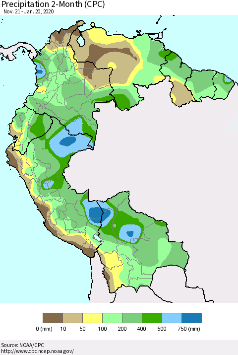 Northern South America Precipitation 2-Month (CPC) Thematic Map For 11/21/2019 - 1/20/2020