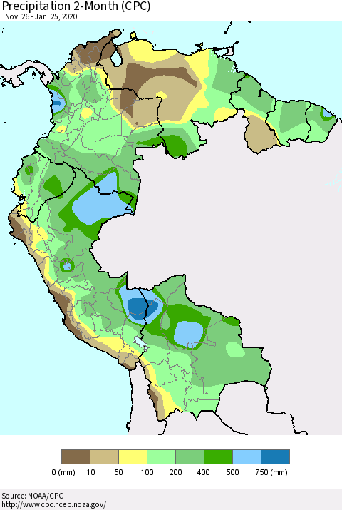 Northern South America Precipitation 2-Month (CPC) Thematic Map For 11/26/2019 - 1/25/2020