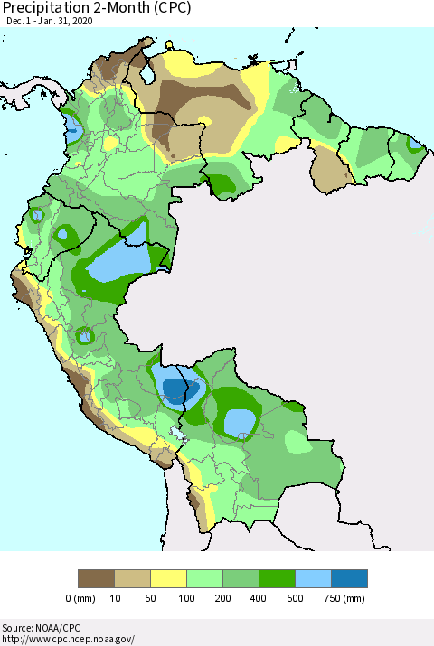 Northern South America Precipitation 2-Month (CPC) Thematic Map For 12/1/2019 - 1/31/2020