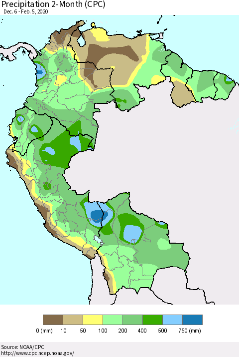 Northern South America Precipitation 2-Month (CPC) Thematic Map For 12/6/2019 - 2/5/2020