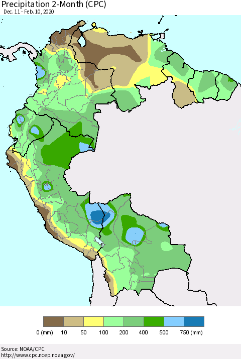 Northern South America Precipitation 2-Month (CPC) Thematic Map For 12/11/2019 - 2/10/2020