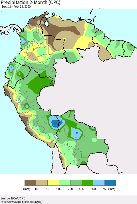 Northern South America Precipitation 2-Month (CPC) Thematic Map For 12/16/2019 - 2/15/2020